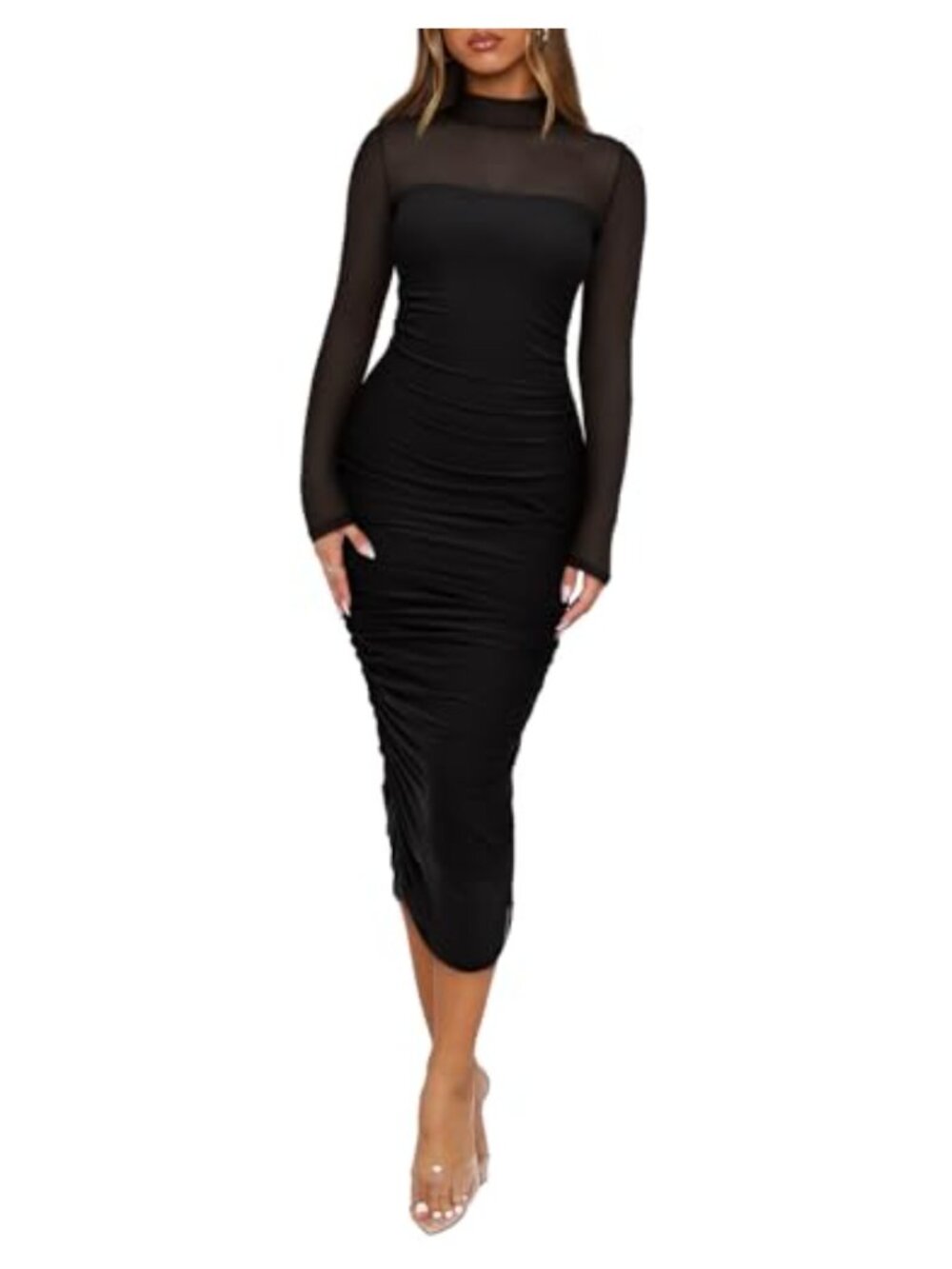 Women's Mesh Long Sleeve Midi Ruched Bodycon Dress Mock Neck Cocktail Party